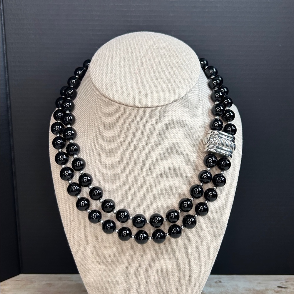 DSMK Stainless Steel and Black Onyx Stone Necklace
